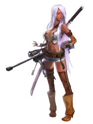 Rule 34 | 1girl, belt, boots, breasts, cleavage, cowboy boots, dark skin, dark-skinned female, deathwingxiii, elbow gloves, eyebrows, fingerless gloves, full body, gloves, high heel boots, high heels, huge breasts, light purple hair, long hair, looking to the side, open mouth, pigeon-toed, red eyes, scope, shorts, simple background, solo, thick eyebrows, thighhighs, very long hair, white background