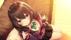 Rule 34 | 1girl, blouse, blush, bow, bowtie, breasts, brown eyes, brown hair, cardigan, couch, dress shirt, from above, green bow, hair between eyes, hair ornament, hair scrunchie, indoors, large breasts, legs together, long hair, long sleeves, looking at viewer, official art, original, plaid, plaid skirt, pokachu, school uniform, scrunchie, shirt, sitting, skirt, smile, solo, solo focus, white shirt, wooden floor