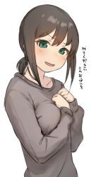 Rule 34 | 1girl, blush, breasts, brown hair, fubuki (kancolle), green eyes, hair between eyes, highres, kantai collection, long sleeves, looking at viewer, low ponytail, medium breasts, open mouth, sakieko, short ponytail, sidelocks, simple background, solo, sweater, translation request, upper body, white background