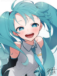 Rule 34 | 1girl, 2021, absurdres, armpit crease, arms behind back, bare shoulders, bent over, blue eyes, blue necktie, breasts, bright pupils, collared shirt, commentary, dated, detached sleeves, floating hair, happy, hatsune miku, highres, light blush, long hair, looking at viewer, necktie, odd (miyoru), open mouth, round teeth, shirt, simple background, sleeveless, sleeveless shirt, small breasts, smile, solo, swept bangs, teeth, tsurime, twintails, upper body, upper teeth only, very long hair, vocaloid, white background, white pupils, white shirt