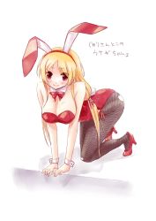 Rule 34 | 1girl, all fours, animal ears, blonde hair, bow, bowtie, breasts, cleavage, detached collar, fake animal ears, fishnet pantyhose, fishnets, highres, large breasts, leotard, nagisa honoka, original, pantyhose, playboy bunny, rabbit ears, rabbit tail, red eyes, red leotard, tail, wrist cuffs