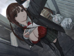 Rule 34 | 1girl, absurdres, black eyes, black thighhighs, blazer, blouse, bow, bowtie, bra, breasts, brown hair, cleavage, collared shirt, dutch angle, hashimoto kokai, highres, jacket, layered sleeves, loafers, long hair, original, pleated skirt, red bra, shirt, shoes, skirt, small breasts, solo, thighhighs, twintails, underwear, white shirt
