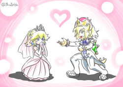 Rule 34 | 2girls, artist name, bad id, bad pixiv id, blonde hair, blue eyes, bowsette, bracelet, bridal veil, choker, commentary request, covering own mouth, crown, dress, earrings, elbow gloves, fangs, gender request, genderswap, gloves, heart, horns, jewelry, mario (series), marriage proposal, mimasato, multiple girls, new super mario bros. u deluxe, nintendo, pink background, princess peach, princess peach (wedding), smile, spiked bracelet, spikes, super crown, tail, tiara, turtle shell, tuxedo, veil, wedding dress, yuri