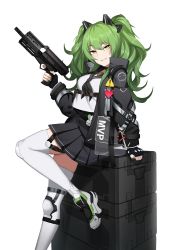 Rule 34 | 1girl, black jacket, black skirt, blush, calico light weapons systems, calico m950, calico m950a, case, cero (last2stage), cheek pistol, commission, double-stack magazine, foot out of frame, girls&#039; frontline, green hair, green nails, gun, handgun, heart, helical magazine, high-capacity magazine, highres, holding, holding gun, holding weapon, jacket, leaning on object, long hair, long sleeves, looking at viewer, m950a (girls&#039; frontline), m950a (mod3) (girls&#039; frontline), machine pistol, mod3 (girls&#039; frontline), nail polish, official alternate costume, parted lips, pistol, pixiv commission, pleated skirt, school uniform, shirt, shoes, simple background, skirt, smile, solo, thighhighs, twintails, weapon, white background, white footwear, white shirt, white thighhighs, yellow eyes