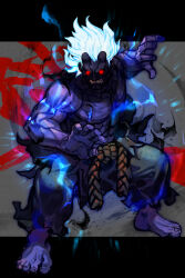 Rule 34 | 1boy, akuma (street fighter), barefoot, clenched teeth, colored skin, dougi, electricity, fighting stance, glowing, glowing eyes, glowing hair, horns, hungry clicker, kuruoshiki oni, male focus, muscular, muscular male, purple skin, red eyes, skin-covered horns, solo, street fighter, teeth, topless male, white hair