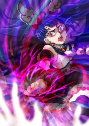Rule 34 | 1girl, 1other, armor, black dress, black gloves, black wings, blue hair, blue thighhighs, blurry, blurry foreground, bow, brooch, clenched hand, commentary, corruption, cure sky, cut bangs, cure sky (dark), dark persona, depth of field, detached sleeves, dress, dress bow, earrings, energy, feathered wings, fingerless gloves, foreshortening, frilled dress, frills, frown, gloves, glowing, glowing eyes, highres, hirogaru sky! precure, jewelry, long hair, looking at viewer, magical girl, multicolored hair, open mouth, pauldrons, pov, precure, puffy detached sleeves, puffy sleeves, punching, red bow, red eyes, red hair, shoulder armor, single pauldron, sleeveless, sleeveless dress, sora harewataru, spiked pauldrons, streaked hair, thighhighs, twintails, two-tone dress, waka (negronoir), white dress, wing brooch, wing hair ornament, wings