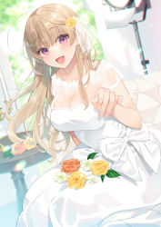 Rule 34 | 1girl, :d, ahoge, bare arms, bekotarou, blonde hair, blunt bangs, blurry, blush, breasts, bridal veil, bride, candle, candlestand, cleavage, collarbone, commentary, couch, cowboy shot, day, depth of field, dress, dutch angle, eyelashes, fingernails, floating hair, flower, glint, hair flower, hair ornament, hand up, highres, large breasts, long hair, looking at viewer, nail polish, open mouth, original, petals, purple eyes, reaching, reaching towards viewer, rose, see-through, sitting, skindentation, smile, solo, spotlight, table, veil, wedding dress, white dress, yellow flower, yellow rose