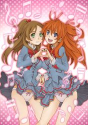 Rule 34 | 10s, 2girls, azarashing day, bad id, bad pixiv id, blazer, blue eyes, blue shirt, blush, bow, bow panties, bowtie, brown hair, green eyes, half updo, holding hands, heart, heart hands, highres, houjou hibiki, jacket, lace, lace-trimmed panties, lace trim, long hair, long sleeves, looking at viewer, minamino kanade, miniskirt, multiple girls, musical note, open mouth, orange hair, panties, pantyshot, pink background, pleated skirt, polka dot, polka dot background, precure, purple panties, ribbon, school uniform, shirt, side-by-side, skirt, smile, standing, suite precure, symmetrical hand pose, twintails, two side up, underwear, white shirt, wind, wind lift