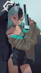 Rule 34 | 1girl, absurdres, black choker, black hair, black nails, blue archive, blush, breasts, cardigan, choker, cleavage, closed mouth, dress, ear piercing, grey hair, gun, hair between eyes, hair ornament, hairclip, halo, highres, holding, holding gun, holding weapon, kayoko (blue archive), kayoko (dress) (blue archive), long hair, long sleeves, looking at viewer, may.l, medium breasts, mole, mole on neck, multicolored hair, nail polish, off shoulder, open clothes, piercing, red eyes, short dress, solo, sparkle, studded choker, weapon, white hair
