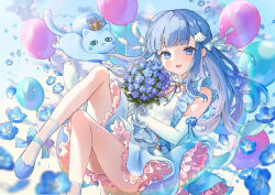 Rule 34 | 1girl, balloon, blue bow, blue cat, blue dress, blue eyes, blue flower, blue footwear, blue hair, blue sky, blunt bangs, blush, bow, cat, character request, cloud, cloudy sky, copyright request, crown, day, detached collar, dress, elbow gloves, floating, floating clothes, flower, flower ornament, frilled dress, frills, gloves, gradient hair, hair flower, hair ornament, hair ribbon, happy, highres, long hair, multicolored hair, nekoyashiki pushio, nemophila (flower), open mouth, outdoors, ribbon, sky, socks, solo, tongue, virtual youtuber, white flower, white gloves, white ribbon, white socks