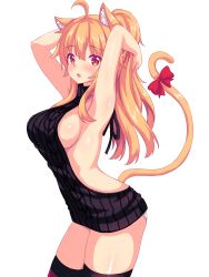 Rule 34 | 1girl, ahoge, animal ear fluff, animal ears, arched back, armpits, arms behind head, arms up, artist self-insert, backless outfit, black sweater, black thighhighs, blonde hair, blush, bow, breasts, cat ears, cat tail, highres, kemonomimi mode, large breasts, long hair, looking at viewer, meme attire, nearly naked sweater, no bra, nottytiffy, original, panties, panty peek, ponytail, red bow, red eyes, ribbed sweater, sideboob, simple background, solo, standing, sweater, tail, tail bow, tail ornament, tareme, thighhighs, thighs, tiffy (nottytiffy), underwear, virgin killer sweater, white background, white panties