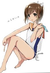 Rule 34 | 10s, 1girl, bad id, bad pixiv id, bare shoulders, barefoot, blush, brown eyes, brown hair, i-401 (kancolle), kantai collection, one-piece swimsuit, open mouth, ponytail, popsicle stick, saikawa yusa, sailor collar, school swimsuit, school uniform, short hair, short ponytail, simple background, sitting, solo, swimsuit, swimsuit under clothes, tan, white background, wrapper