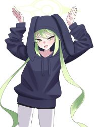 Rule 34 | 1girl, :d, absurdres, alternate costume, animal ear hood, blue archive, blue hoodie, blush, casual, cue spirit, fake animal ears, fang, green hair, green halo, hair between eyes, halo, highres, hood, hood up, hoodie, long hair, nozomi (blue archive), open mouth, pantyhose, rabbit pose, smile, solo, standing, thighs, twintails, very long hair, yellow eyes