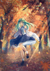 Rule 34 | 1girl, autumn, blue skirt, brown footwear, chromatic aberration, closed mouth, collared shirt, commentary request, dappled sunlight, day, detached sleeves, frilled skirt, frills, frog hair ornament, green eyes, green hair, hair ornament, highres, kochiya sanae, leaf, light rays, loafers, looking at viewer, outdoors, shimekake, shirt, shoes, skirt, smile, solo, standing, sunbeam, sunlight, touhou, tree, white legwear, white shirt, wide sleeves