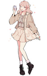 Rule 34 | 1girl, animification, bag, black footwear, boots, breasts, brown jacket, cellphone, commentary, english commentary, grey eyes, hair behind ear, handbag, heart, highres, holding, holding phone, hyoon (sockgyu), jacket, looking at viewer, medium breasts, medium hair, one eye closed, phone, pink bag, pink hair, pink skirt, real life, shirt, skirt, smartphone, smile, solo, sparkle, starsmitten, striped clothes, striped shirt, white background