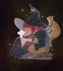 Rule 34 | 1girl, absurdres, animal, bean bag chair, bird, black background, black cloak, book, book stack, brown eyes, cat, chinese text, cloak, closed mouth, commission, final fantasy, final fantasy xiv, hand on own head, hat, highres, holding, holding pen, koubayouniao, lalafell, light particles, long sleeves, nib pen (object), open book, pen, red hair, short hair, sitting, solo, sparkle, star (symbol), warrior of light (ff14), watermark, witch hat