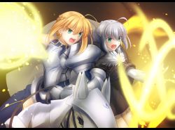 Rule 34 | 2girls, ahoge, armor, artoria pendragon (all), artoria pendragon (fate), blonde hair, braid, breasts, breasts apart, fate/grand order, fate (series), french braid, gray (fate), green eyes, grey hair, highres, horse, horseback riding, letterboxed, multicolored hair, multiple girls, official style, open mouth, rhongomyniad (fate), riding, saber (fate), shoori (migiha), shouting, type-moon
