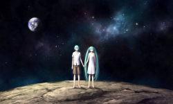Rule 34 | 1boy, 1girl, aqua hair, bad id, bad pixiv id, barefoot, dress, earth (planet), closed eyes, genderswap, genderswap (ftm), hatsune miku, hatsune mikuo, hetero, holding hands, kayu, long hair, moon, on moon, planet, short hair, shorts, smile, space, twintails, vocaloid, white dress