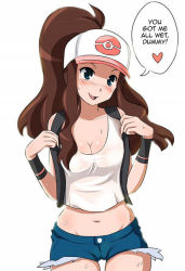 Rule 34 | 1girl, aqua eyes, bare arms, bare shoulders, baseball cap, black vest, blue shorts, blush, breasts, brown hair, cleavage, commentary, cowboy shot, creatures (company), crop top, denim, denim shorts, english commentary, english text, exposed pocket, game freak, hands up, hat, high ponytail, hilda (pokemon), long hair, looking at viewer, lowleg, lowleg shorts, medium breasts, micro shorts, midriff peek, missnips, navel, nintendo, no bra, nose blush, open clothes, open vest, poke ball print, pokemon, pokemon bw, print headwear, see-through, shirt, shorts, solo, speech bubble, standing, stomach, talking, tank top, thigh gap, vest, wet, white hat, white shirt