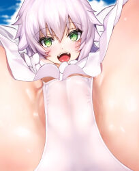 Rule 34 | 1girl, :d, absurdres, blue sky, cameltoe, cloud, commentary request, facial scar, fate/apocrypha, fate/grand order, fate (series), foreshortening, frilled skirt, frills, green eyes, groin, highres, jack the ripper (fate/apocrypha), looking at viewer, momisan, open mouth, outdoors, panties, reclining, scar, scar across eye, scar on cheek, scar on face, short hair, sitting, skirt, sky, smile, solo, spread legs, straight-on, teeth, underwear, upskirt, variant set, white hair, white panties, white skirt