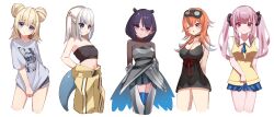 Rule 34 | 5girls, absurdres, black nightgown, blue hair, breasts, cleavage, collared shirt, cosplay, costume switch, fins, fish tail, flat chest, gawr gura, gawr gura (cosplay), gawr gura (school uniform), grey hair, group costume switch, highres, hololive, hololive english, holomyth, large breasts, long hair, looking at viewer, mori calliope, mori calliope (sleepwear), mori calliope (cosplay), multicolored hair, multiple girls, nightgown, ninomae ina&#039;nis, ninomae ina&#039;nis (loungewear), ninomae ina&#039;nis (cosplay), purple hair, shark girl, shark tail, shirt, skaarl (artist), small breasts, spacesuit, streaked hair, tail, takanashi kiara, takanashi kiara (cosplay), takanashi kiara (knight), tentacle hair, vest, virtual youtuber, watson amelia, watson amelia (astronaut), watson amelia (cosplay), white shirt, yellow vest