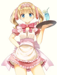Rule 34 | 1girl, apron, arm behind back, blonde hair, blue eyes, blush, bow, bowtie, buttons, cowboy shot, dress, drink, drinking straw, food, frills, fruit, hair ribbon, holding, ice, ice cube, lime (fruit), looking at viewer, maid, maid apron, maid headdress, original, pink dress, puffy short sleeves, puffy sleeves, red bow, red bowtie, ribbon, short hair, short sleeves, simple background, solo, sora46, two side up, waitress, yellow background