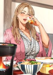 Rule 34 | 1girl, anna-san (sakura no tomoru hi e), architecture, bath yukata, blush, breasts, closed eyes, commentary request, cup, drink, earrings, east asian architecture, food, haori, highres, holding, holding cup, hoop earrings, indoors, japanese clothes, jewelry, kimono, large breasts, lips, lipstick, long hair, makeup, mature female, nail polish, original, paid reward available, parted hair, pink haori, pink nails, red lips, sakura no tomoru hi e, solo, yukata