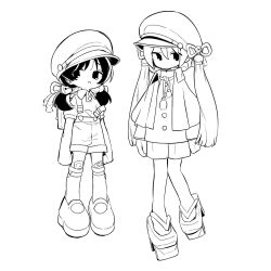 Rule 34 | 2girls, alternate costume, arms at sides, backpack, bag, bandaid, bandaid on knee, bandaid on leg, bell, buttons, capelet, character request, closed mouth, collared shirt, dot mouth, full body, geta, hair bell, hair ornament, hat, hat tassel, high collar, highres, jingle bell, kaai yuki, kneehighs, legwear garter, lineart, long sleeves, looking at viewer, low twintails, mary janes, moai (more e 4km), monochrome, multiple girls, open mouth, peaked cap, platform footwear, polo shirt, shirt, shirt tucked in, shoes, short sleeves, shorts, simple background, skirt, socks, suspender skirt, suspenders, suspenders slip, twintails, vocaloid