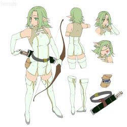 Rule 34 | 1girl, arrow (projectile), artist name, baronia, belt, boots, bow (weapon), character sheet, elbow gloves, elf, full body, gloves, green eyes, green hair, multiple views, original, pale color, pointy ears, pouch, simple background, standing, thigh boots, thighhighs, weapon, white background, white footwear, white gloves, white thighhighs