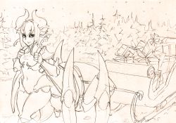 Rule 34 | 1girl, arthropod girl, beetle girl, box, carapace, fir tree, gift, gift box, horns, monochrome, monorus, monster girl, monster girl encyclopedia, monster girl encyclopedia ii, pulling, reins, sketch, sleigh, smile, snowing, soldier beetle, solo, traditional media, tree