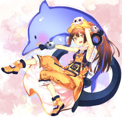 Rule 34 | 1girl, anchor, arm up, armpits, bare arms, belt, black gloves, brown hair, dolphin, fingerless gloves, gloves, guilty gear, guilty gear xrd, hat, long hair, looking at viewer, may (guilty gear), open mouth, orange hat, orange shirt, overalls, overskirt, pants, pirate, pirate hat, ponytail, red eyes, shirt, skull, sleeveless, sleeveless shirt, smile, solo, subachi, very long hair