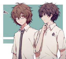Rule 34 | 2boys, akechi gorou, amamiya ren, bad id, bad pixiv id, bespectacled, black eyes, black hair, brown hair, collared shirt, glasses, hand on own chin, looking at another, male focus, messy hair, multiple boys, necktie, persona, persona 5, persona 5 the royal, red eyes, school uniform, shirt, short hair, short sleeves, shuujin academy school uniform, sideways mouth, simple background, smile, squiggle, striped clothes, striped neckwear, summer uniform, vertical-striped clothes, vertical-striped necktie, ye (pixiv4862539)