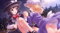Rule 34 | 2girls, :d, :o, black capelet, black hair, black headwear, black skirt, blonde hair, book, bow, bowtie, capelet, cityscape, eye contact, floating, hat, hat bow, highres, holding, holding book, holding hands, interlocked fingers, long sleeves, looking at another, lzh, maribel hearn, mob cap, multiple girls, night, open mouth, outdoors, panties, pantyshot, purple eyes, purple shirt, purple skirt, red neckwear, shirt, short hair, skirt, sky, smile, star (sky), starry sky, touhou, underwear, usami renko, white bow, white headwear, white panties, white shirt