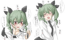 Rule 34 | 1girl, anchovy (girls und panzer), black ribbon, bra, breasts, drill hair, elf (stroll in the woods), girls und panzer, green hair, hair ribbon, highres, long hair, medium breasts, necktie, open mouth, red eyes, ribbon, shirt, simple background, skirt, smile, solo, twin drills, twintails, underwear, white background, white shirt