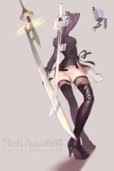 Rule 34 | 1girl, absurdres, ass, back cutout, black dress, black footwear, black thighhighs, boots, chiwan hewan, clothing cutout, copyright name, dress, from behind, full body, high heel boots, high heels, highres, holding, holding sword, holding weapon, leotard, long sleeves, nier (series), nier:automata, panties, pod (nier:automata), short dress, short hair, sword, thigh boots, thighhighs, thighhighs under boots, underwear, weapon, white hair, white leotard, 2b (nier:automata)