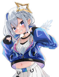 Rule 34 | 1girl, amane kanata, angel wings, belt, blue hair, blue jacket, blue nails, braid, breasts, collar, colored inner hair, crop top, fishnets, grin, hair rings, halo, highres, hololive, jacket, low twintails, miniskirt, multicolored hair, nail polish, navel, pink hair, pleated skirt, simple background, single hair intake, skirt, sleeves past wrists, small breasts, smile, solo, star halo, streaked hair, tank top, twintails, upper body, virtual youtuber, watanabe masafumi (masafumi 127), white background, white hair, white tank top, wings