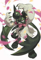 Rule 34 | blurry, blurry foreground, body fur, cat, commentary, creatures (company), eye mask, full body, furry, game freak, green fur, green mask, green scarf, looking at viewer, makoto ikemu, meowscarada, nintendo, petals, pokemon, pokemon (creature), red eyes, scarf, simple background, white background