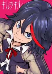 Rule 34 | 10s, 1girl, bad id, bad pixiv id, blue eyes, blue hair, hands in pockets, highres, inuyou, jacket, kill la kill, letterman jacket, looking at viewer, matoi ryuuko, perspective, ribbon, smile