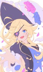 Rule 34 | 1girl, 2657314861, absurdres, blonde hair, blue dress, blue eyes, dragalia lost, dress, eyepatch, falling petals, flower, hat, hat flower, heart, heart eyepatch, highres, karina (dragalia lost), long hair, looking at viewer, official alternate costume, open mouth, petals, solo, teeth, upper body, upper teeth only, white background