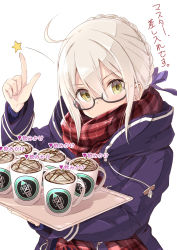 Rule 34 | 1girl, ahoge, artoria pendragon (fate), bad id, bad pixiv id, banned artist, chm (macharge), coat, coffee, coffee cup, cup, desert, disposable cup, eyebrows hidden by hair, fate/grand order, fate (series), food, glasses, hair between eyes, holding, holding plate, looking at viewer, mysterious heroine x alter (fate), plate, scarf, school uniform, simple background, solo, star (symbol), sweets, white background, white hair, yellow eyes