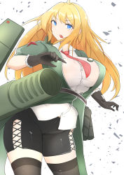 Rule 34 | 1girl, absurdres, ahoge, bad id, bad pixiv id, black pants, blonde hair, blue eyes, blush, breasts, button gap, buttons, cannon, daebom, fur trim, gloves, green jacket, highres, jacket, large breasts, long hair, necktie, open clothes, open jacket, open mouth, pale skin, pants, personification, pointy breasts, red necktie, red star, red tie, shirt, solo, spandex, star (symbol), su-152, thick thighs, thighhighs, thighs, very long hair, white background, white shirt
