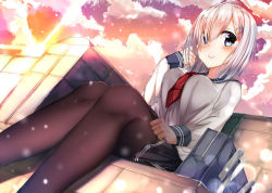Rule 34 | 1girl, absurdres, bag, blue eyes, blush, breasts, dusk, from below, hair ornament, hair over one eye, hairclip, hamakaze (kancolle), hand on own cheek, hand on own face, hand on own leg, highres, hiragi ringo, kantai collection, looking at viewer, medium breasts, pantyhose, pleated skirt, red neckwear, school bag, school uniform, serafuku, short hair, silver hair, sitting, skirt, sky, smile, solo, striped clothes, striped skirt