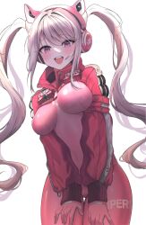 Rule 34 | 1girl, :d, \||/, absurdres, alice (nikke), animal ears, arata haru, belt, bodysuit, breasts, commentary request, cowboy shot, dot nose, fake animal ears, gloves, goddess of victory: nikke, grey hair, headphones, highres, leaning forward, long hair, long sleeves, looking at viewer, medium breasts, open mouth, pink bodysuit, pink eyes, pink gloves, red sleeves, shrug (clothing), simple background, smile, thigh gap, twintails, very long hair, white background, white hair