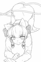 Rule 34 | 1girl, animal ears, blunt bangs, braid, cat ears, cat tail, closed mouth, commentary request, dress, hair ribbon, highres, kaenbyou rin, lineart, long sleeves, looking at viewer, multiple tails, nekomata, ribbon, smirk, solo, sunatoshi, tail, top-down bottom-up, touhou, tress ribbon, twin braids, two tails, upturned eyes
