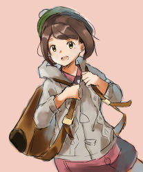 Rule 34 | 1girl, absurdres, backpack, bag, brown hair, coat, creatures (company), driftingtiger, game freak, gloria (pokemon), green hat, hat, highres, looking at viewer, nintendo, open mouth, pink background, pokemon, pokemon swsh, short hair, simple background, skirt, smile, solo, standing, tagme, teeth, tongue, upper body