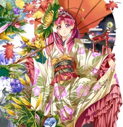 Rule 34 | 1girl, blue flower, cure scarlet, floral print, flower, go! princess precure, hairband, highres, holding, holding umbrella, japanese clothes, kimono, leaf, long hair, long sleeves, looking at viewer, oil-paper umbrella, pink eyes, pink hair, precure, print kimono, purple flower, red flower, red umbrella, skirt hold, smile, solo, standing, torii, umbrella, white background, yukata, yuutarou (fukiiincho)