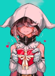 Rule 34 | 1girl, aygoftenover, bare shoulders, blush, box, cape, closed mouth, elbow gloves, facing viewer, glasses, gloves, green background, grey gloves, heart, heart-shaped box, highres, holding, holding heart, hood, hood up, red cape, ribbon, shy (character), shy (series), simple background, solo, two-sided cape, two-sided fabric, upper body