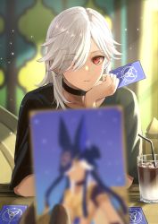 Rule 34 | 1boy, 1other, black choker, black shirt, blurry, blurry background, blurry foreground, blush, card, choker, closed mouth, commentary request, cup, cyno (genshin impact), depth of field, drink, drinking straw, eyes visible through hair, genshin impact, hair over one eye, hand up, highres, holding, holding card, indoors, light particles, light rays, looking at viewer, medium hair, parted bangs, playing card, pov, red eyes, shirt, short sleeves, sidelocks, sitting, solo focus, suya (suya ny), swept bangs, table, upper body, white hair
