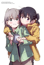 Rule 34 | 2girls, absurdres, arms around neck, black hair, blush, brown hair, closed mouth, coat, cup, green coat, green eyes, grin, hair between eyes, highres, holding, holding cup, koumoto yuusei, kuraue hinata, looking at viewer, megami magazine, multiple girls, official art, purple eyes, scan, short hair, short twintails, simple background, smile, standing, twintails, upper body, white background, yama no susume, yellow coat, yukimura aoi