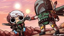 Rule 34 | 1boy, 1girl, apex legends, black eyes, boba fett, cape, chibi, clenched hand, commentary, commission, crossover, english commentary, floating, green cape, grey hair, gun, helmet, holding, holding gun, holding helmet, holding weapon, jetpack, looking to the side, miyan (oceanmaiden), mountain, star wars, tatooine, v-shaped eyebrows, valkyrie (apex legends), weapon